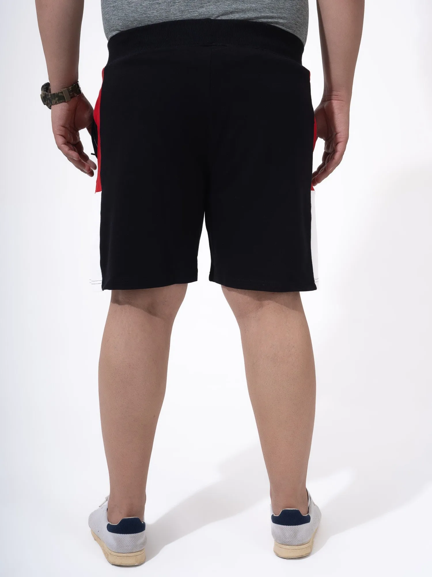 Black Colour Block Cotton Plus Size Shorts