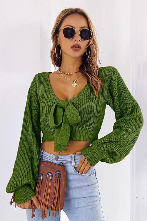 Bow V-Neck Long Sleeve Cropped Sweater