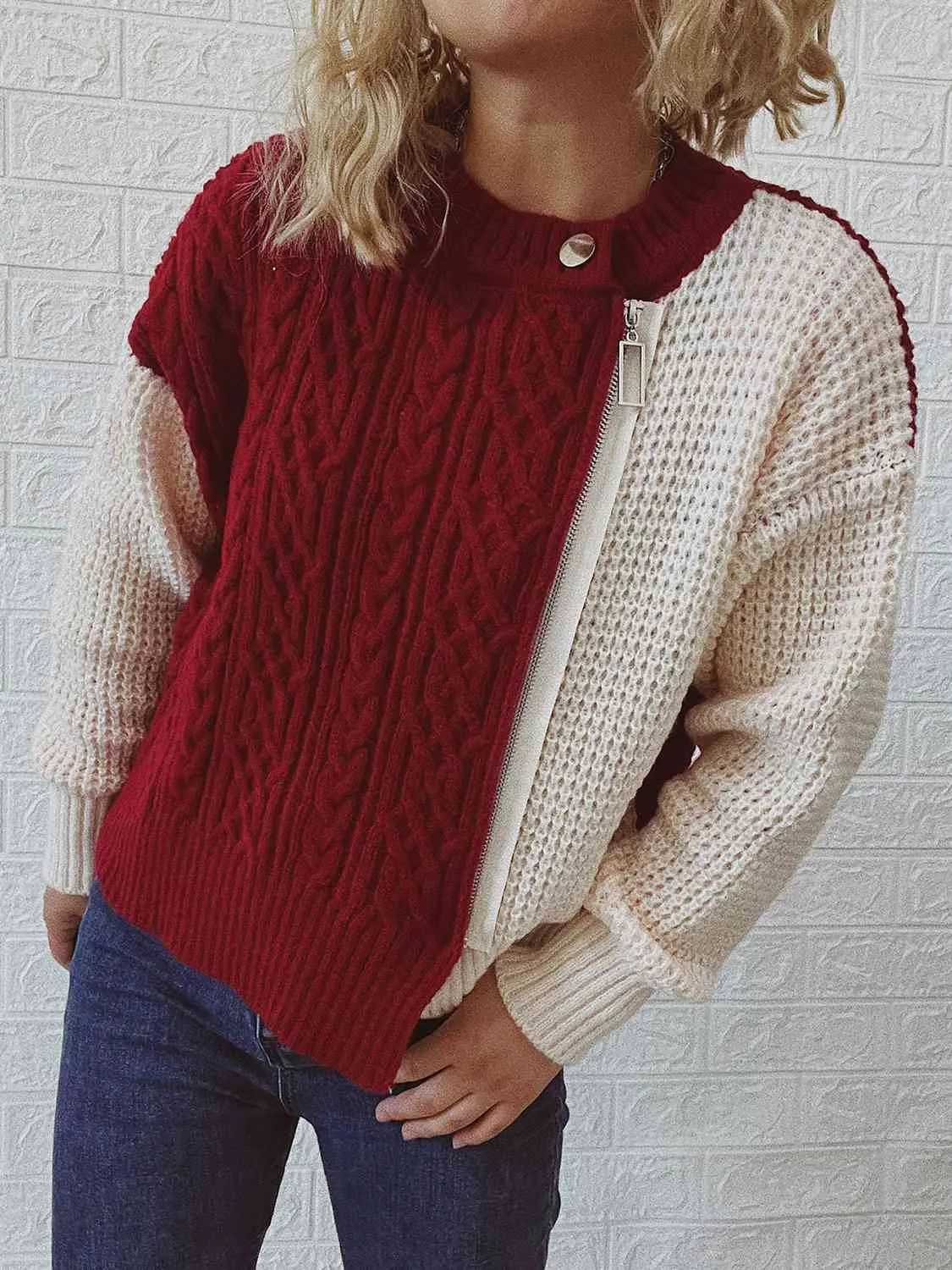 Cable-Knit Contrast Zip-Up Cardigan