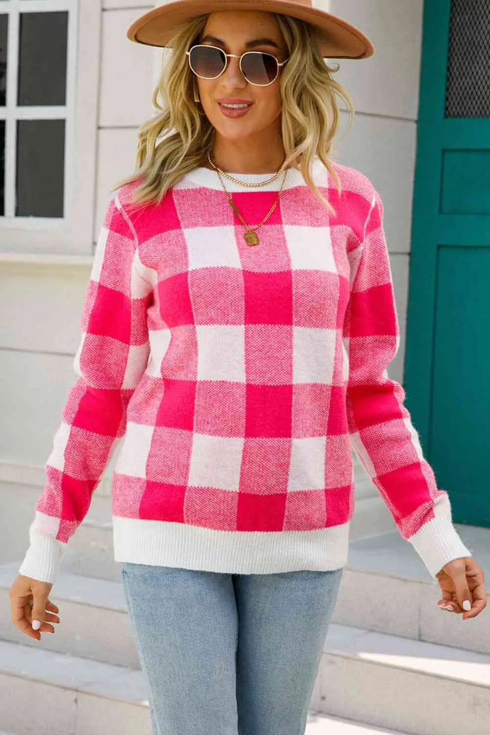 Checkered Ribbed Trim Knit Pullover