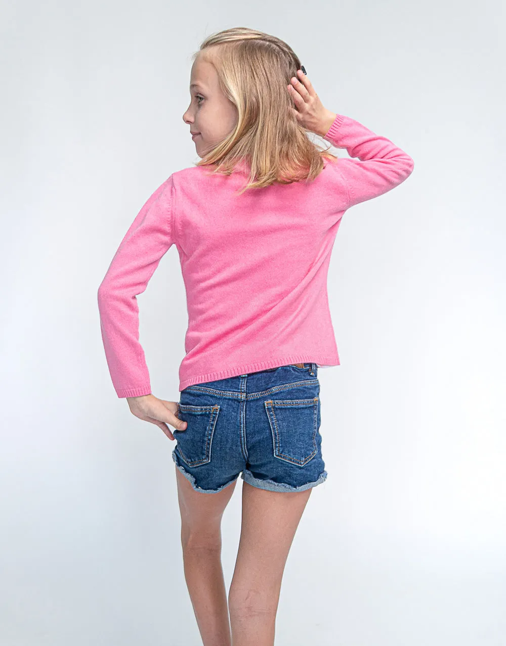 Classic Girls Crew Neck Cashmere Cardigan in Strawberry