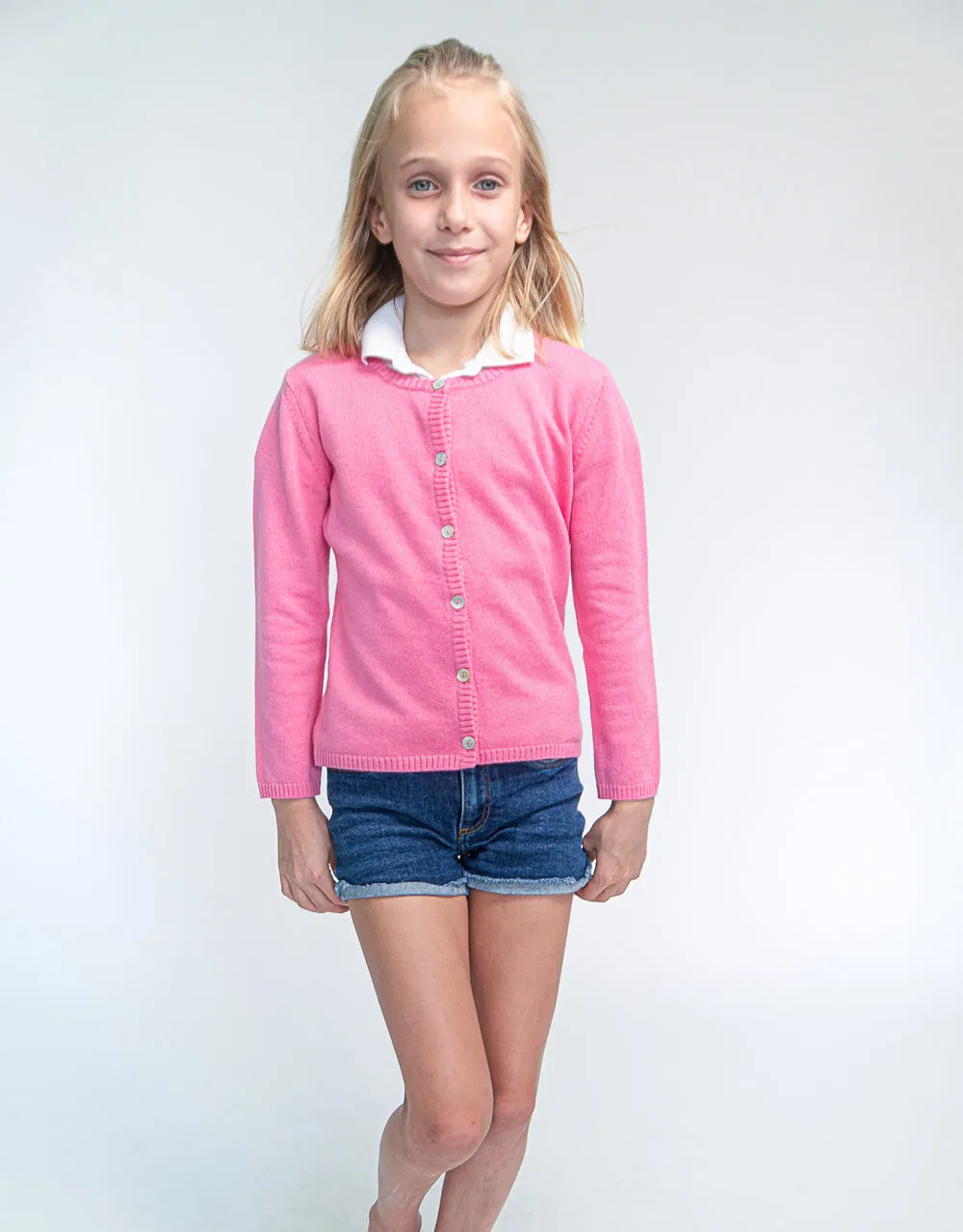 Classic Girls Crew Neck Cashmere Cardigan in Strawberry