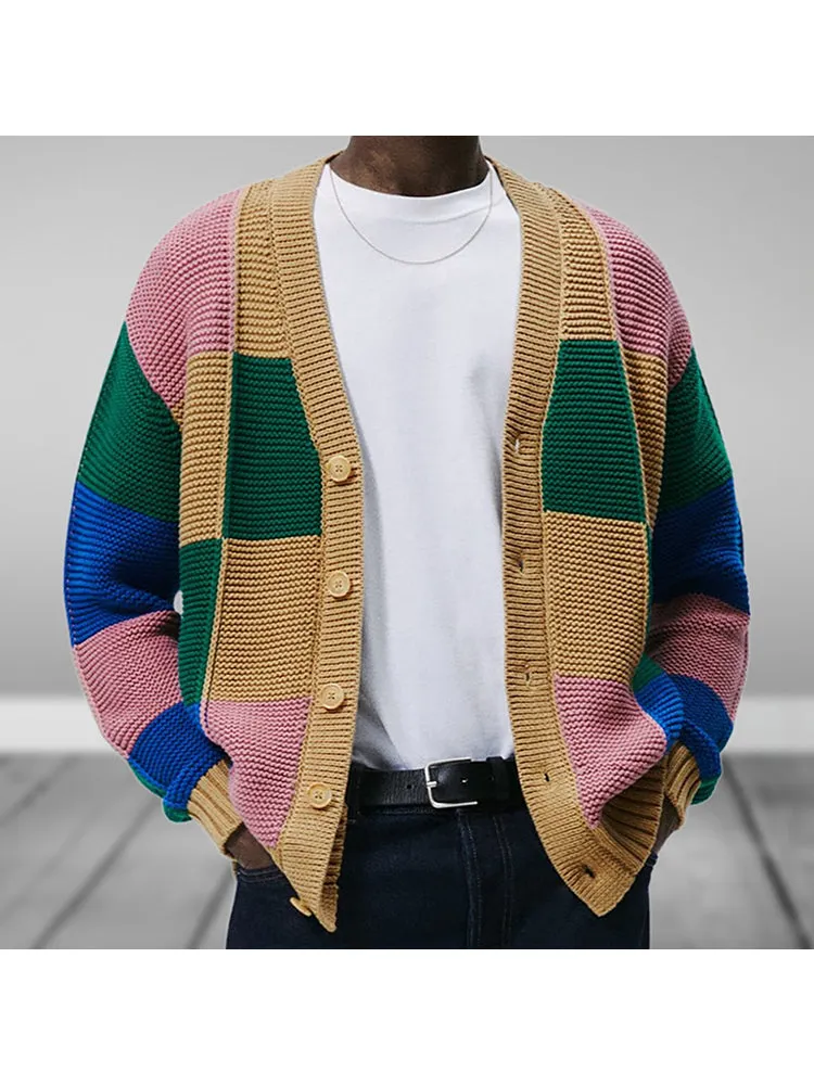 Contrast Color Jacquard Knitted Cardigan Sweater