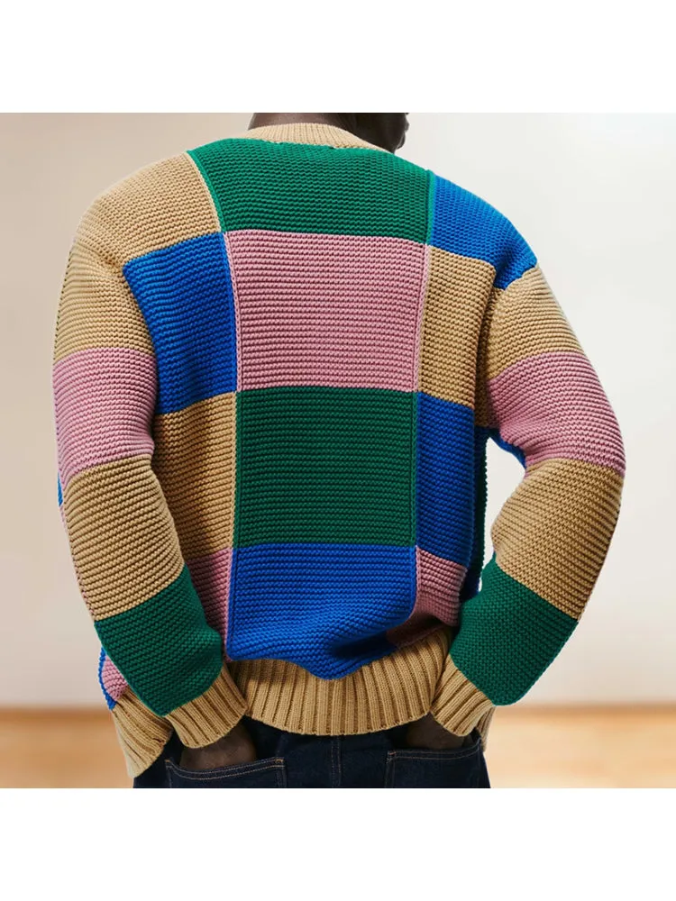 Contrast Color Jacquard Knitted Cardigan Sweater