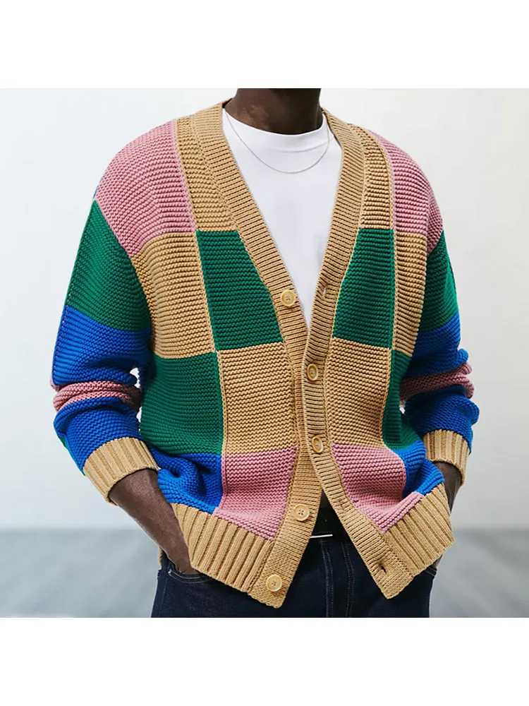 Contrast Color Jacquard Knitted Cardigan Sweater