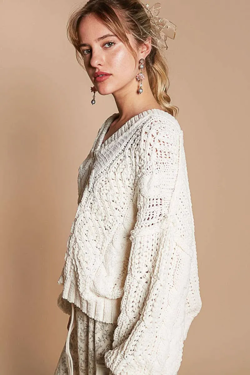 Cream V-Neck Crop Chenille Sweater