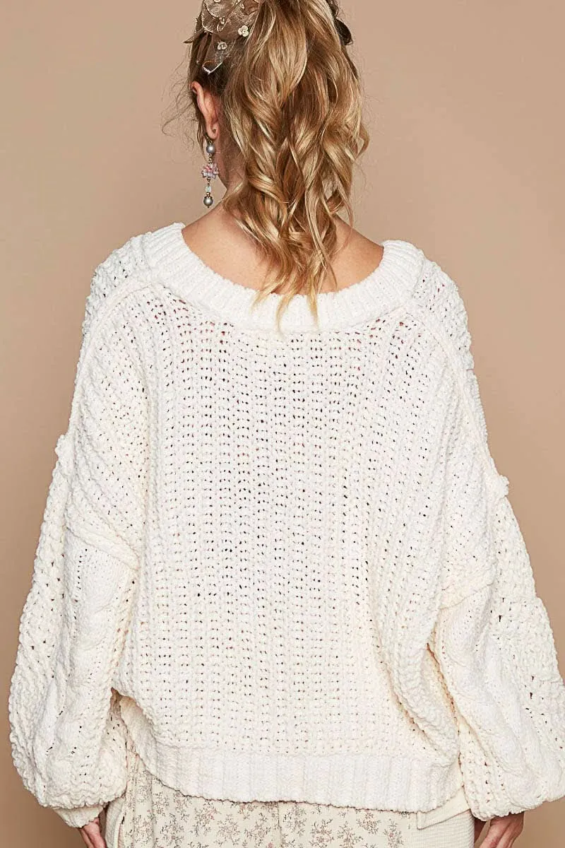 Cream V-Neck Crop Chenille Sweater