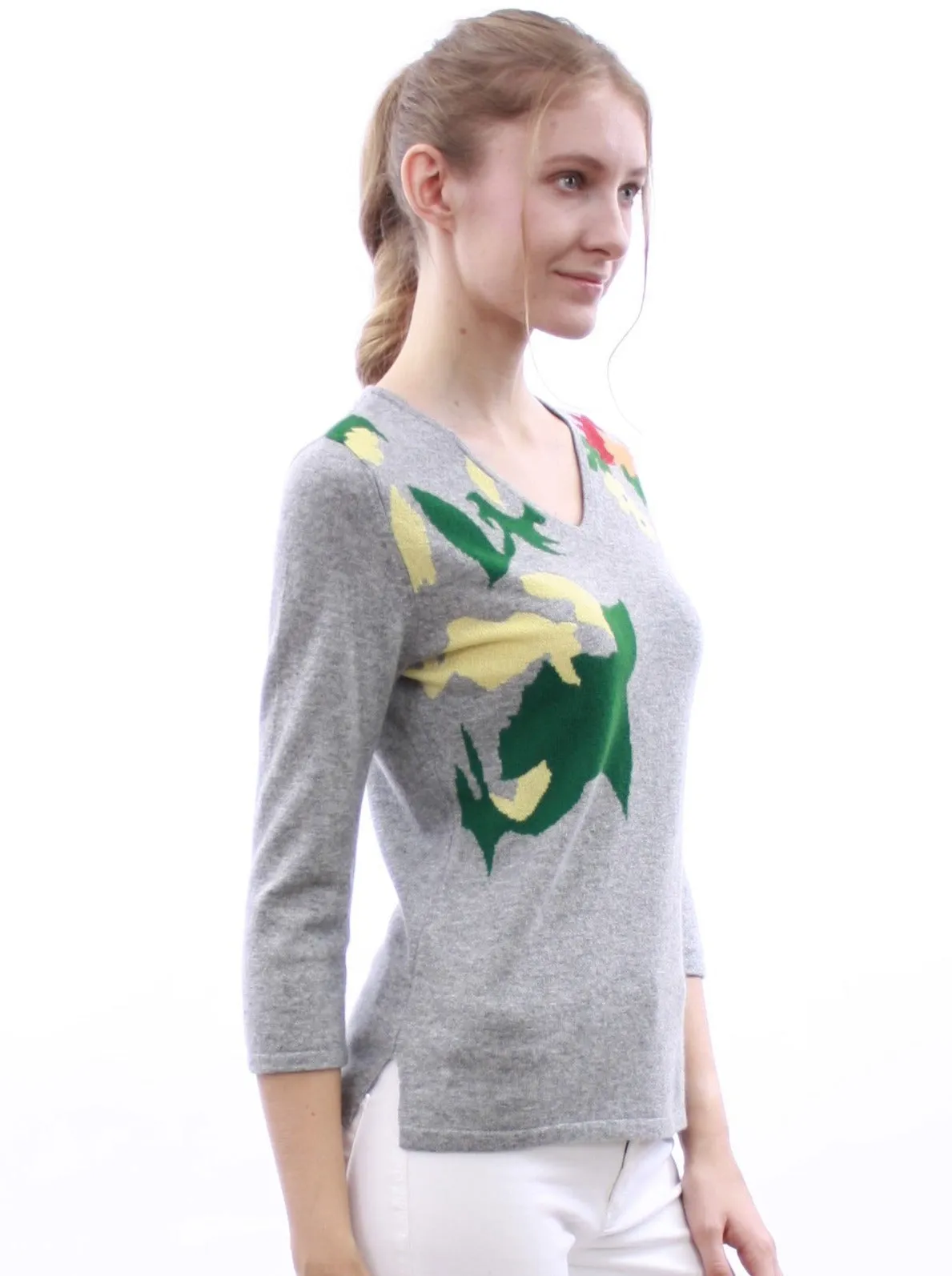 Floral-Intarsia V Neck