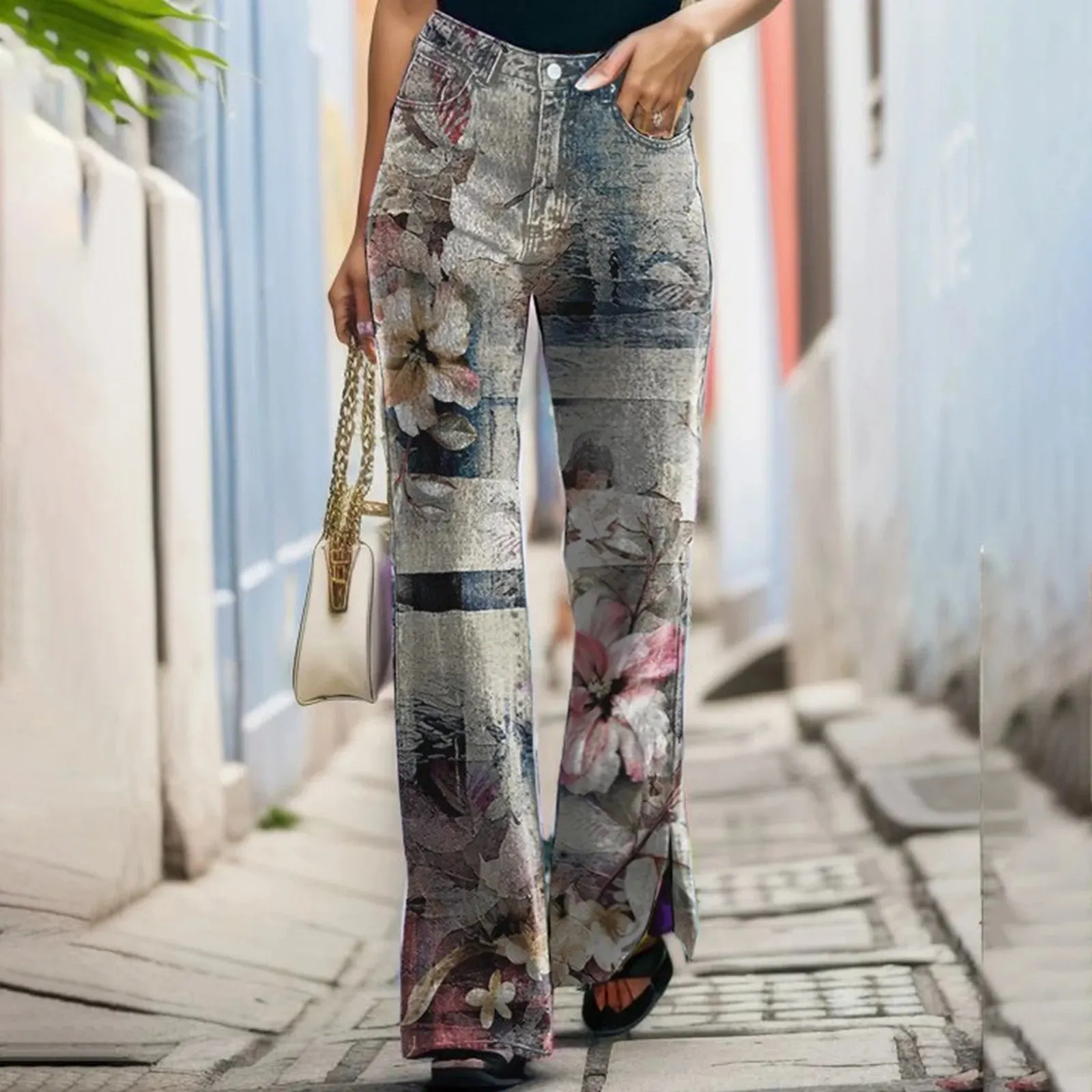 Floral Split Plaid Comfortable Casual Fashion Jeans