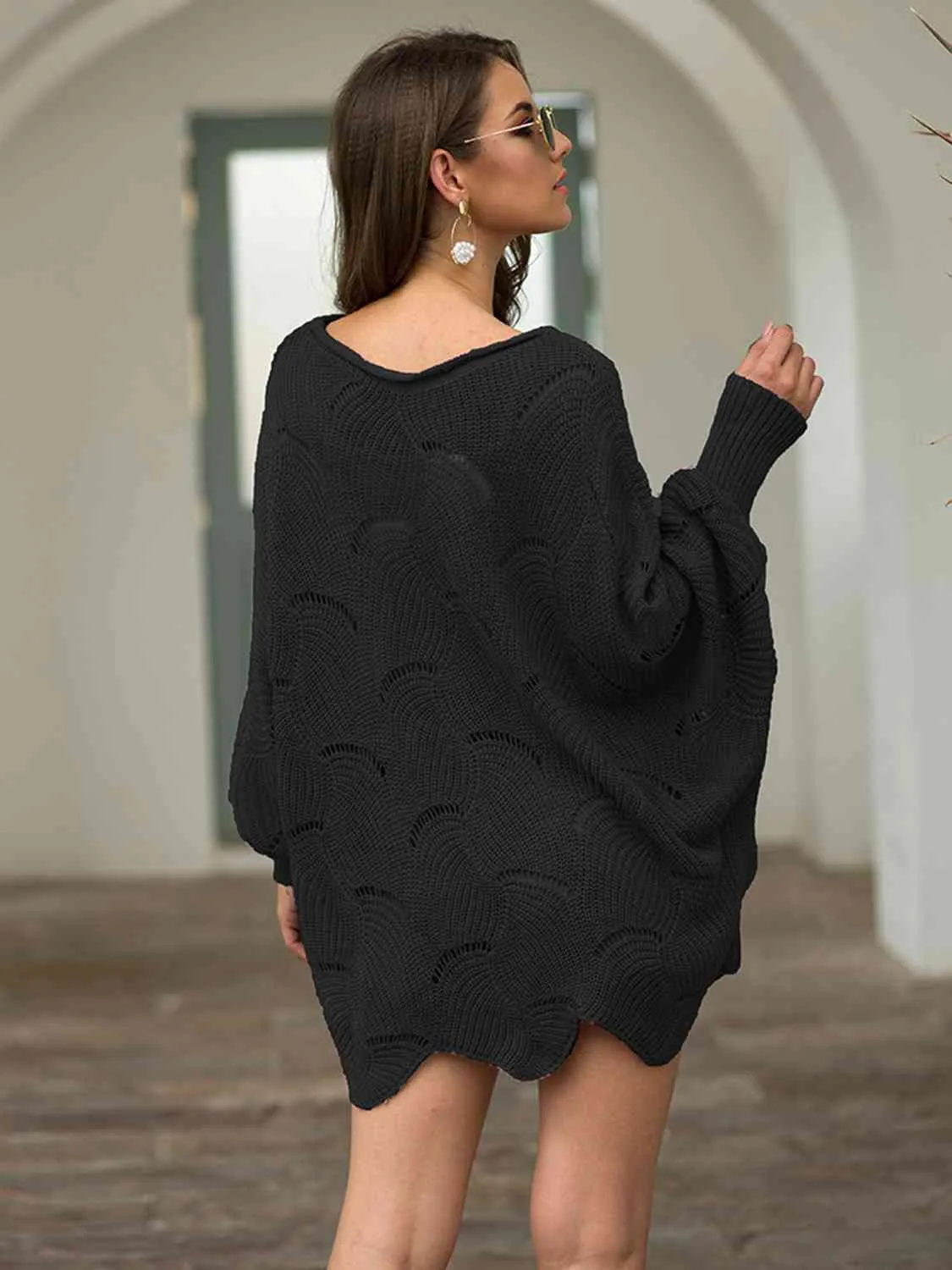 Full Size Boat Neck Lantern Sleeve Openwork Knit Top