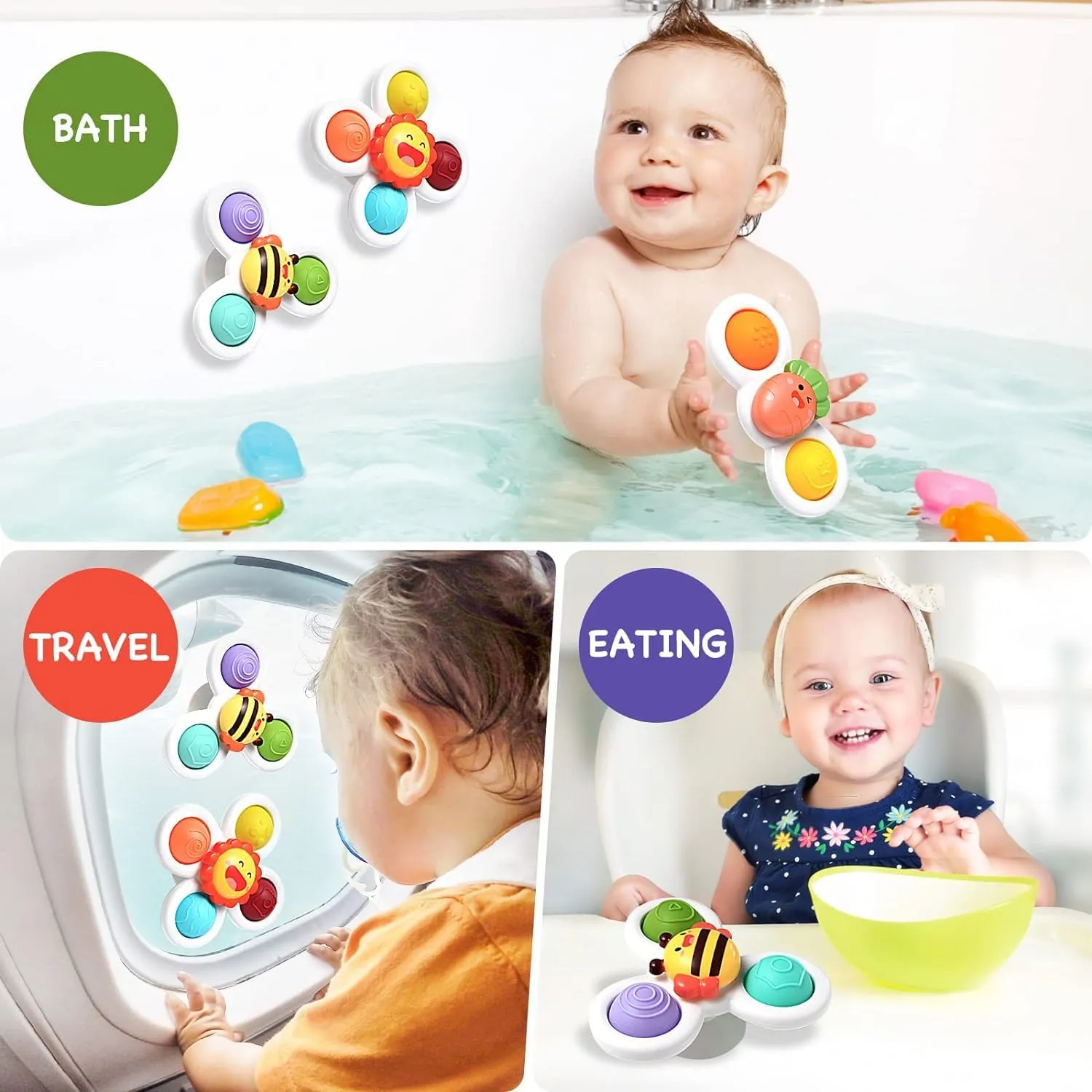 FUNVERSE® Baby Bath Toys for Kids - 3 PCS Flower Suction Cup Bath Toy for Baby Boys Girls, Waterproof Suction Cup Spinning Top Rotating Learning Toy Sticks to Smooth Surface (Flower Design)