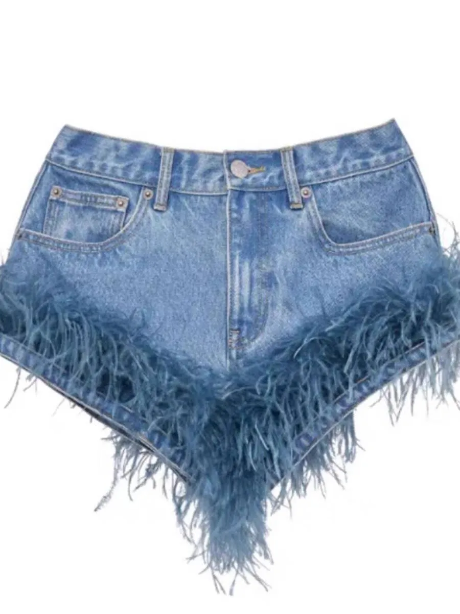 FURINFASHION HU-02 New High Waisted Real Ostrich Fur Hair Denim Shorts And Slimming Sexy Fringe Hot Pants