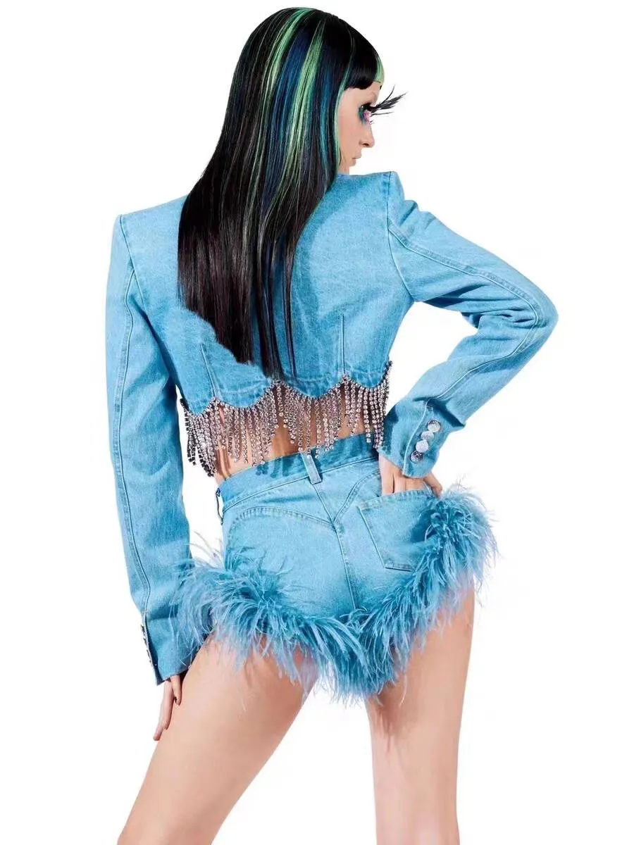 FURINFASHION HU-02 New High Waisted Real Ostrich Fur Hair Denim Shorts And Slimming Sexy Fringe Hot Pants