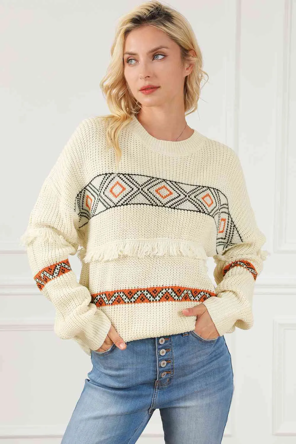 Geometric Round Neck Fringe Detail Sweater