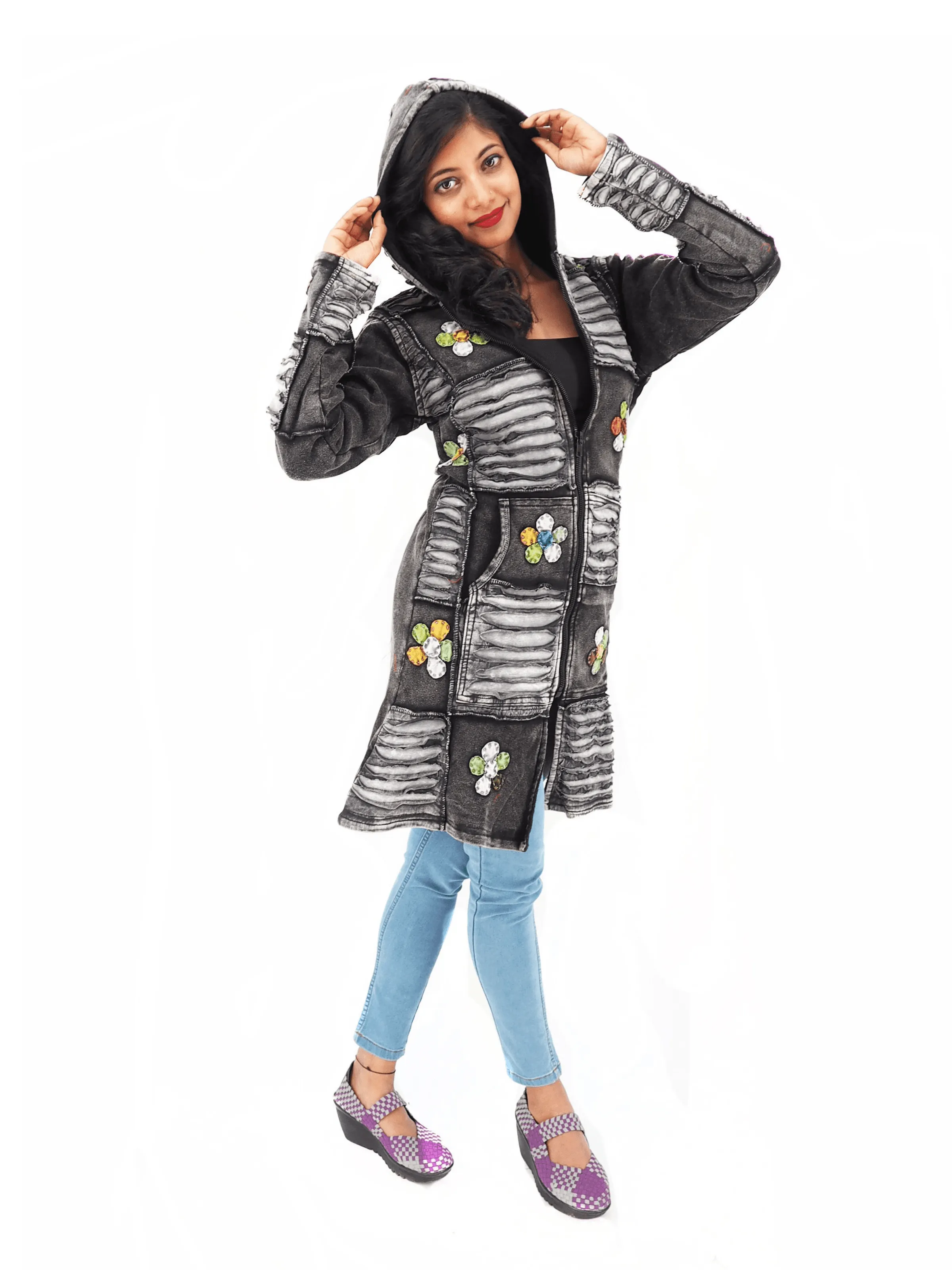 Handmade Patchwork Boho Hoodie 100% Pre-Washed Cotton Black Tones S-M-L-XL