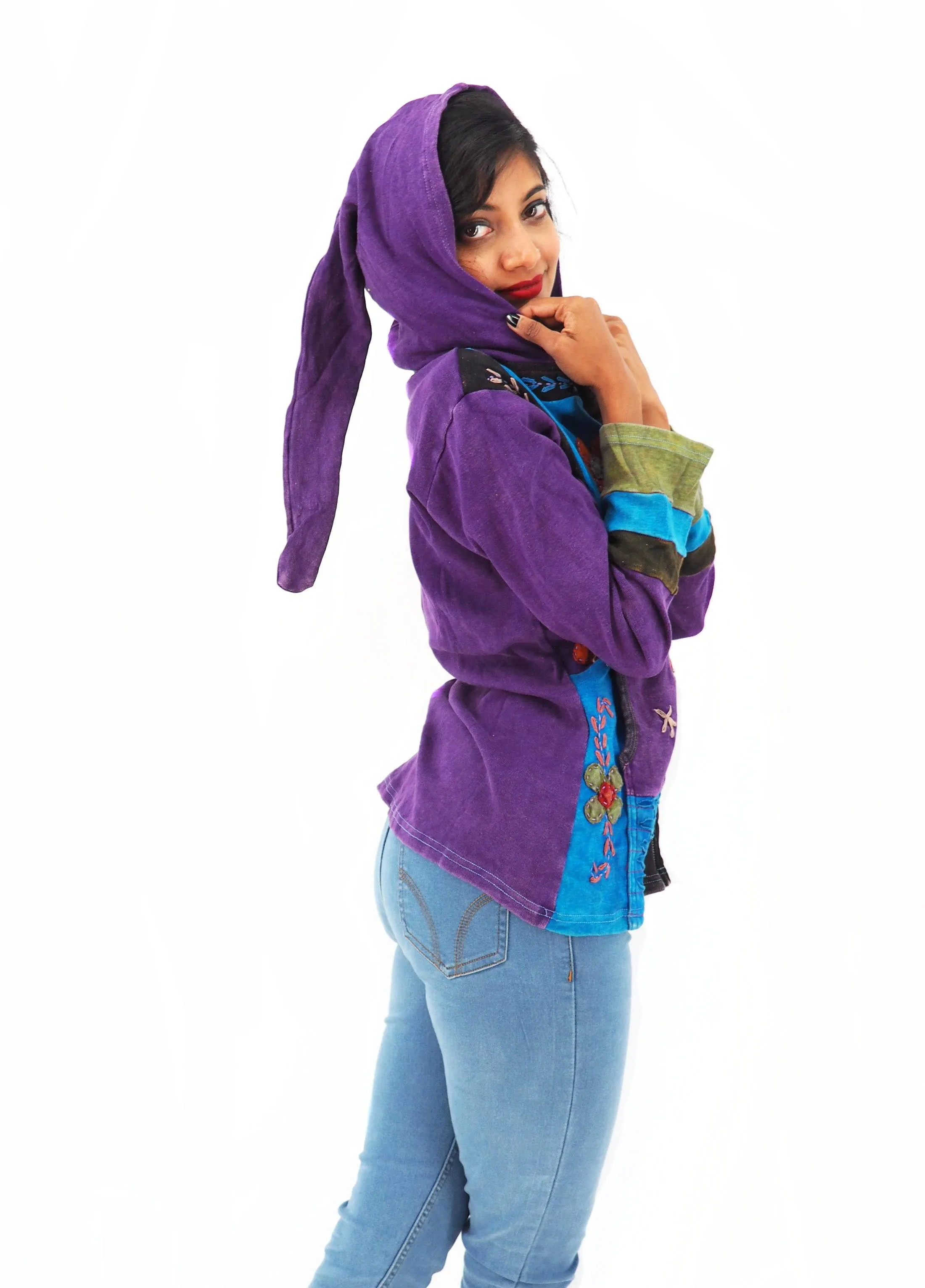 Handmade Patchwork Boho Hoodie 100% Pre-Washed Cotton Pixie Hood Blue Purple S-M-L-XL