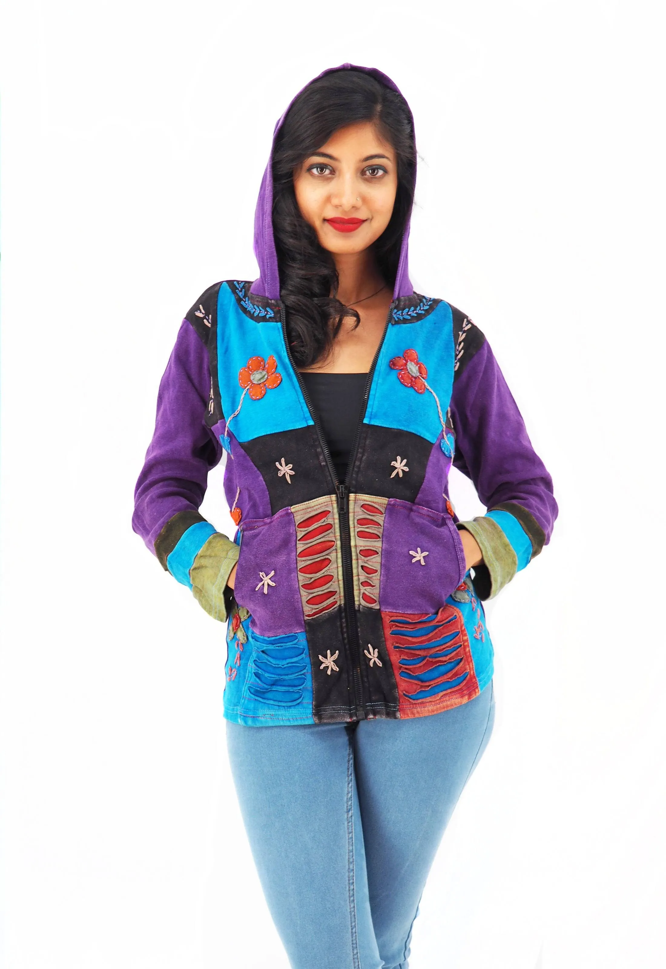 Handmade Patchwork Boho Hoodie 100% Pre-Washed Cotton Pixie Hood Blue Purple S-M-L-XL