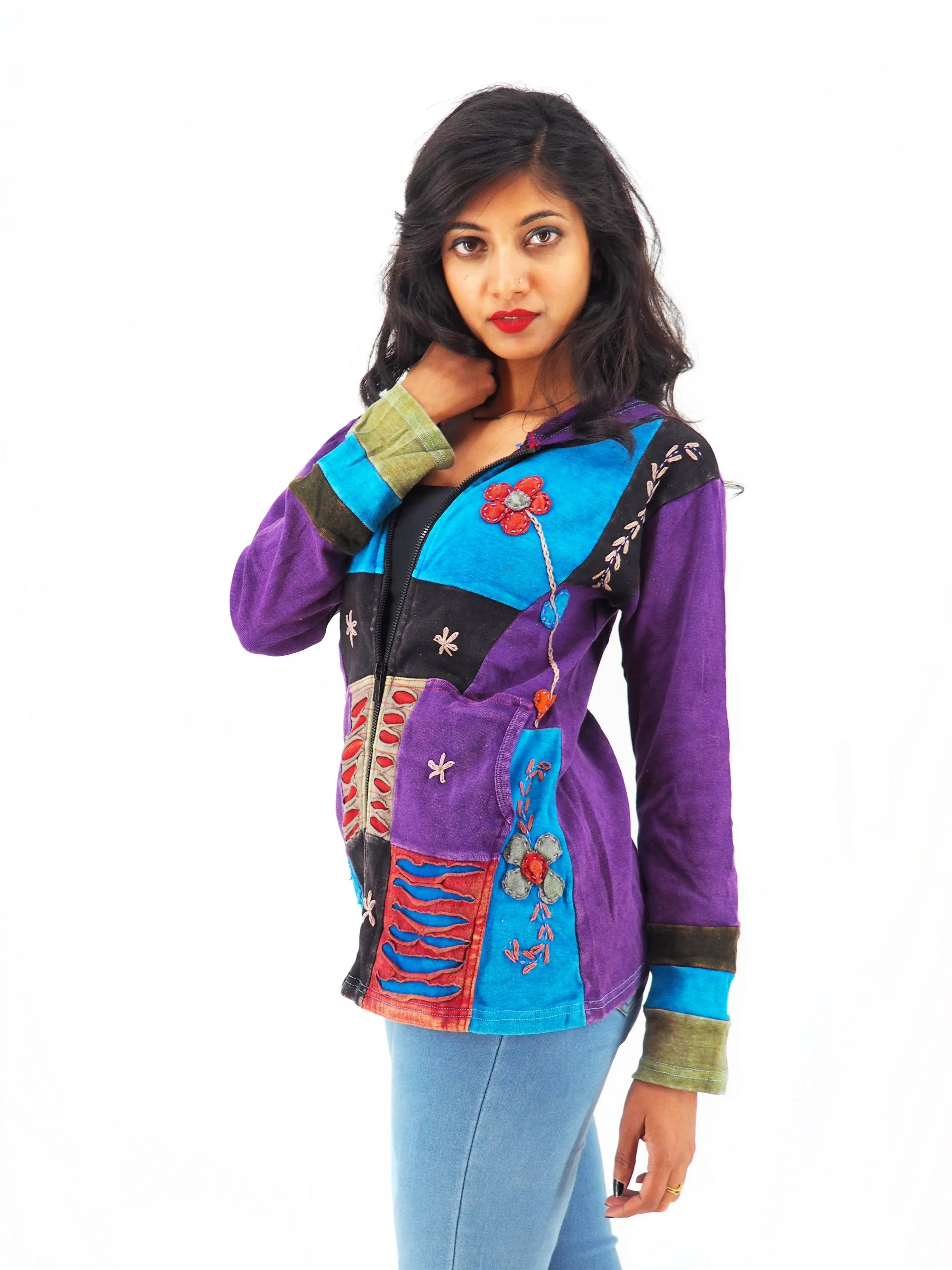 Handmade Patchwork Boho Hoodie 100% Pre-Washed Cotton Pixie Hood Blue Purple S-M-L-XL