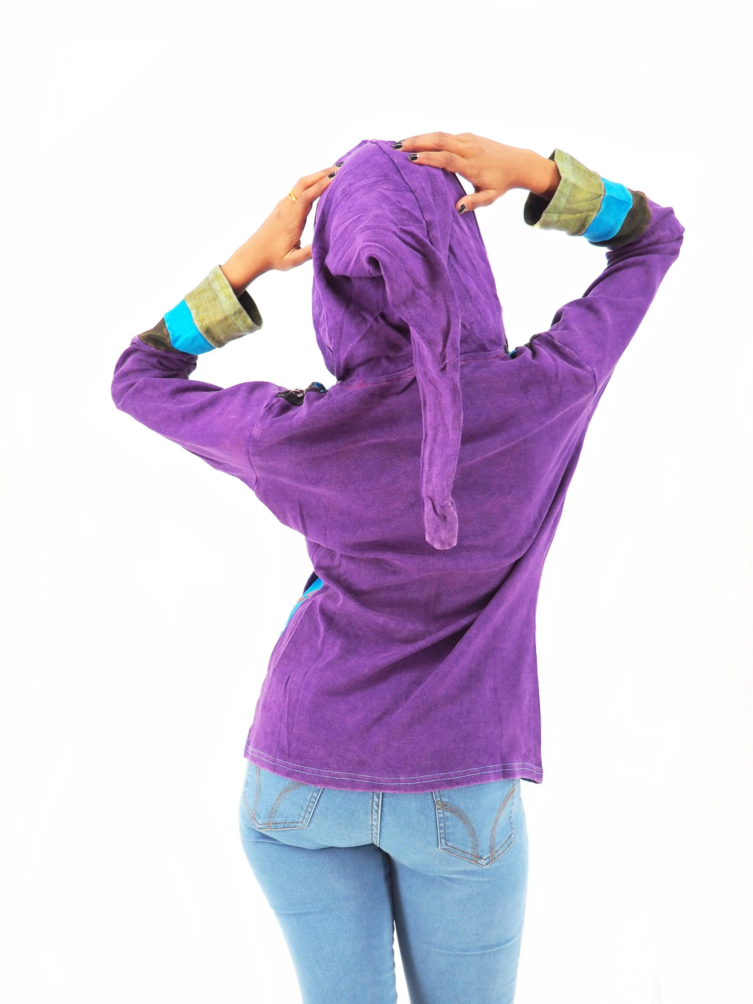 Handmade Patchwork Boho Hoodie 100% Pre-Washed Cotton Pixie Hood Blue Purple S-M-L-XL