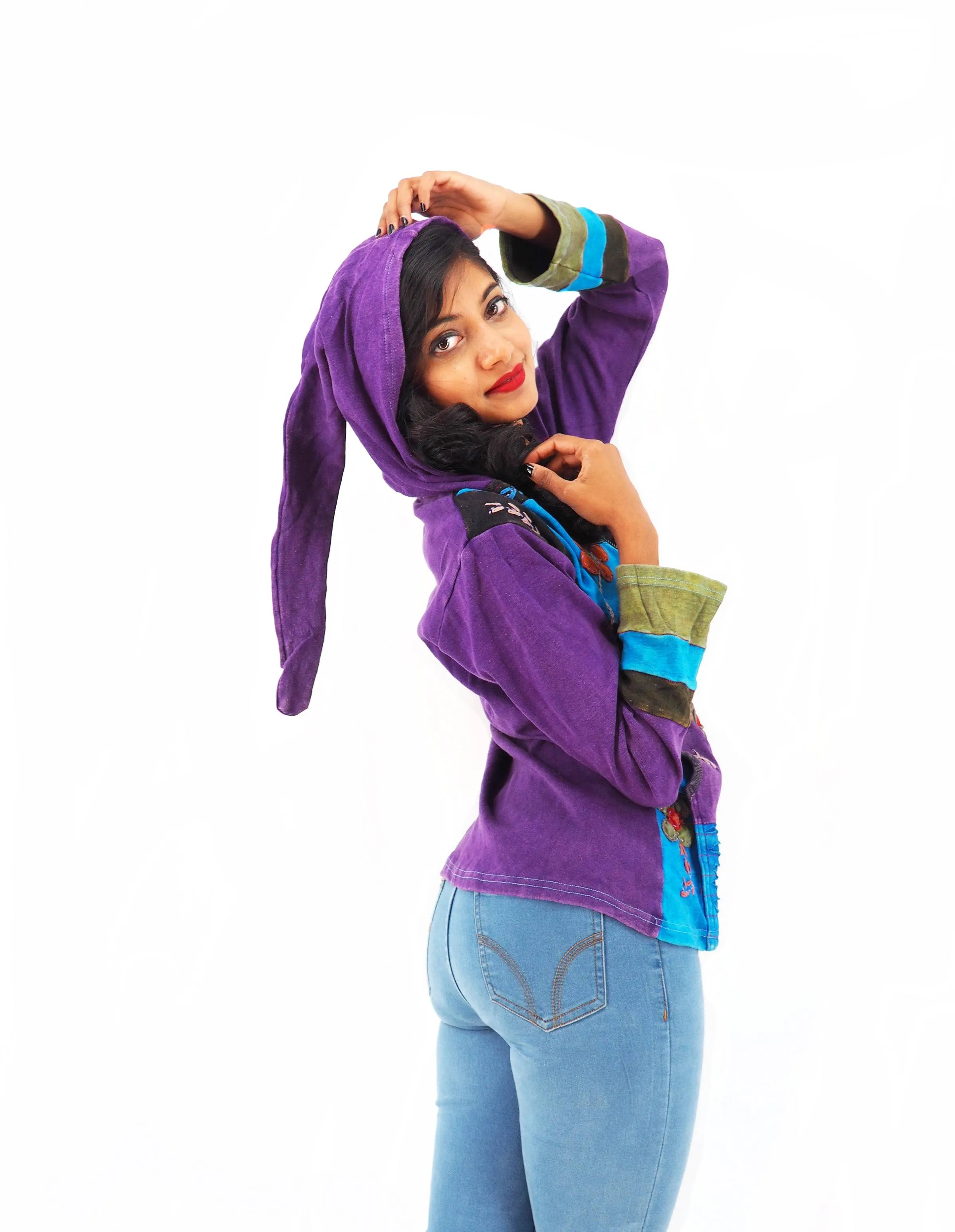 Handmade Patchwork Boho Hoodie 100% Pre-Washed Cotton Pixie Hood Blue Purple S-M-L-XL