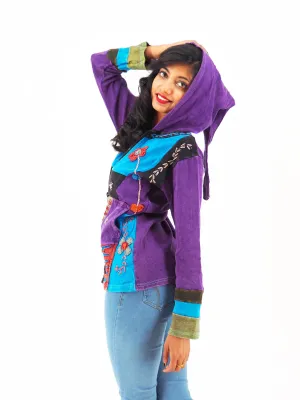 Handmade Patchwork Boho Hoodie 100% Pre-Washed Cotton Pixie Hood Blue Purple S-M-L-XL