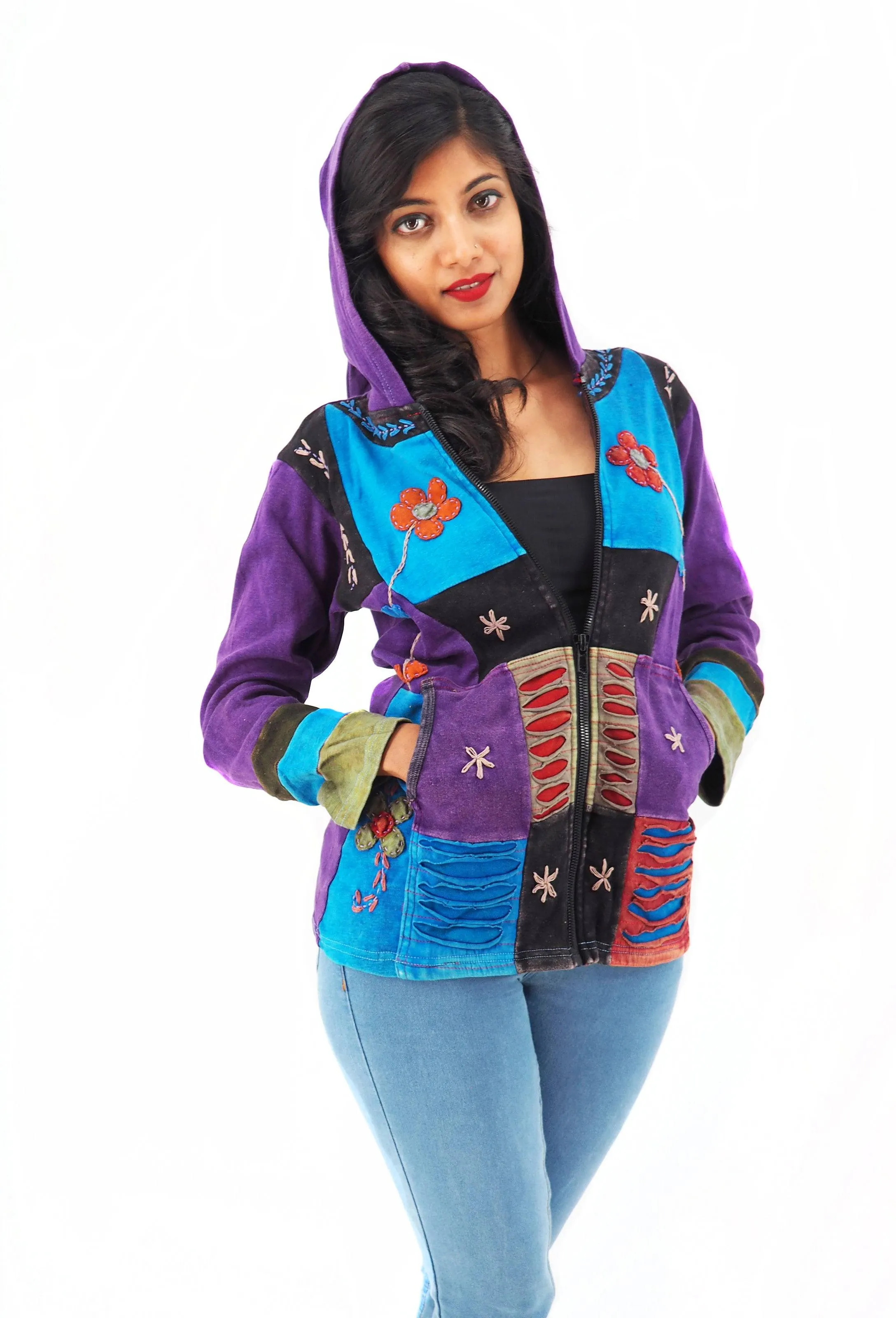 Handmade Patchwork Boho Hoodie 100% Pre-Washed Cotton Pixie Hood Blue Purple S-M-L-XL