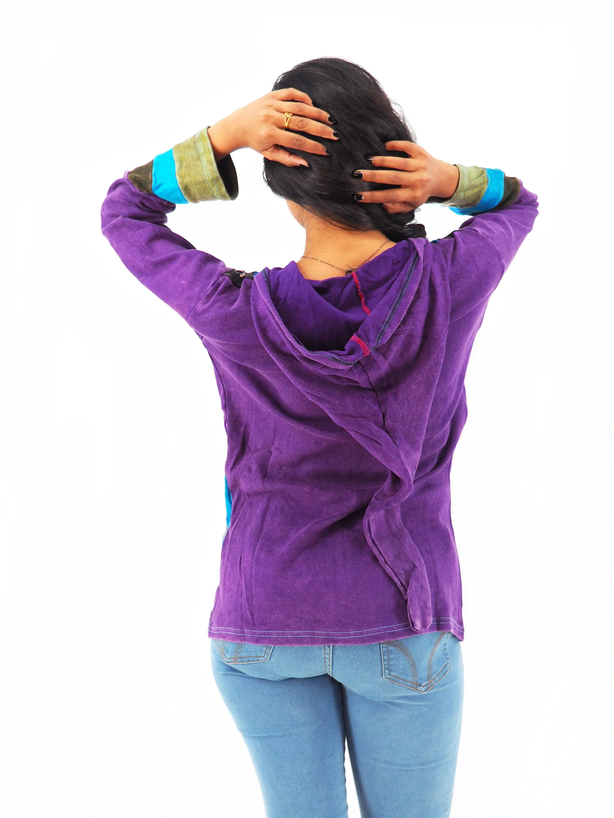 Handmade Patchwork Boho Hoodie 100% Pre-Washed Cotton Pixie Hood Blue Purple S-M-L-XL