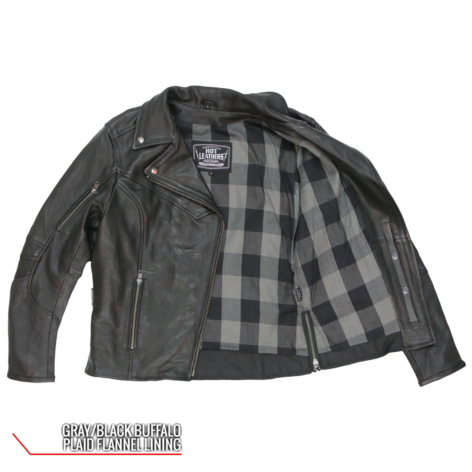 Hot Leathers JKL1034 Ladies Biker Black Leather Motorcycle Jacket with Plaid Flannel Lining