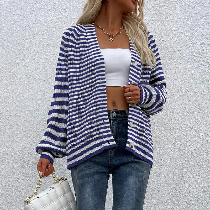 Knit cardigan striped V-neck lantern sleeve sweater women