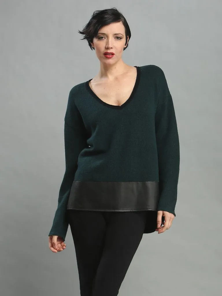 Leather Hem V-Neck Pullover