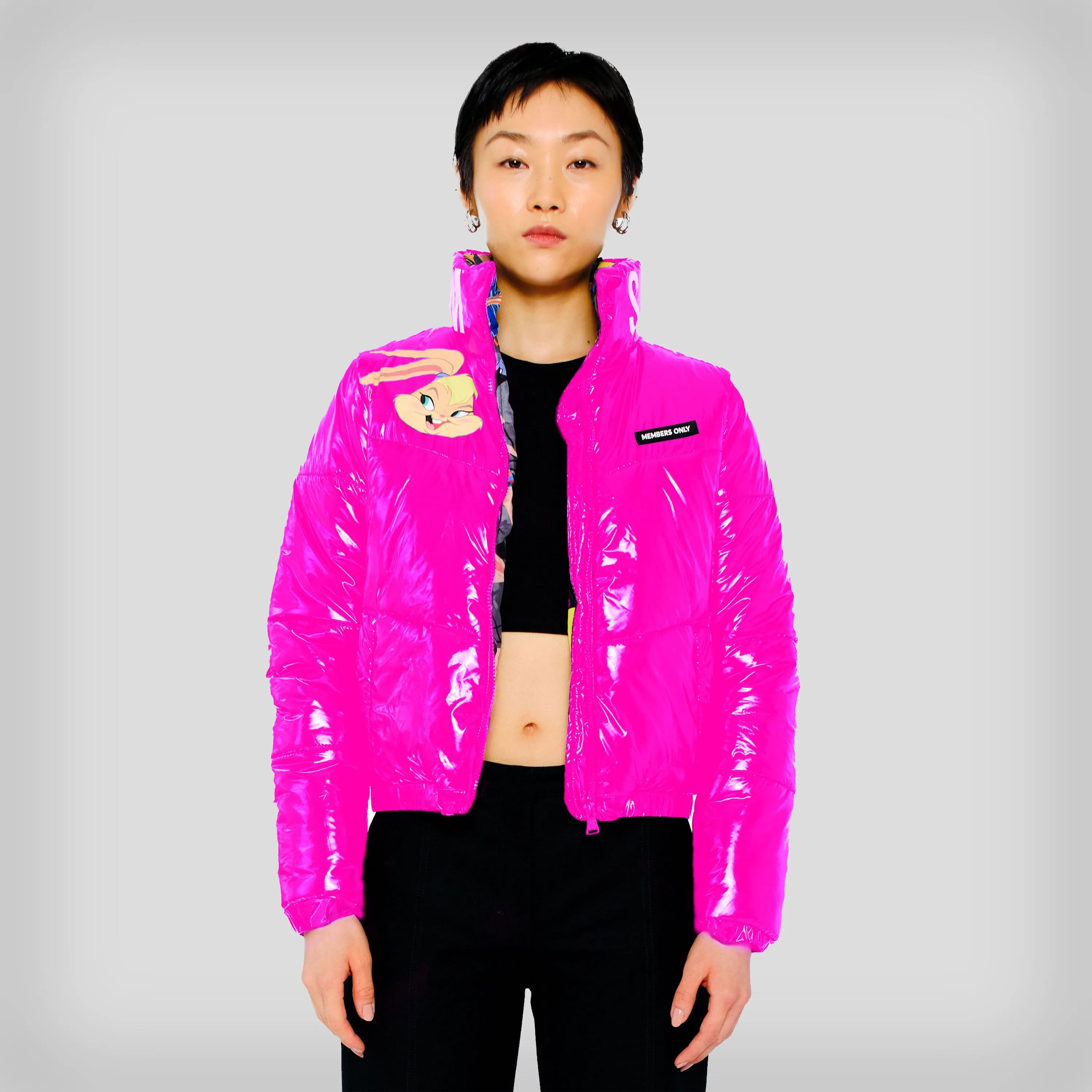 Members Only Women's Space Jam High Shine Puffer with Printed Jacket