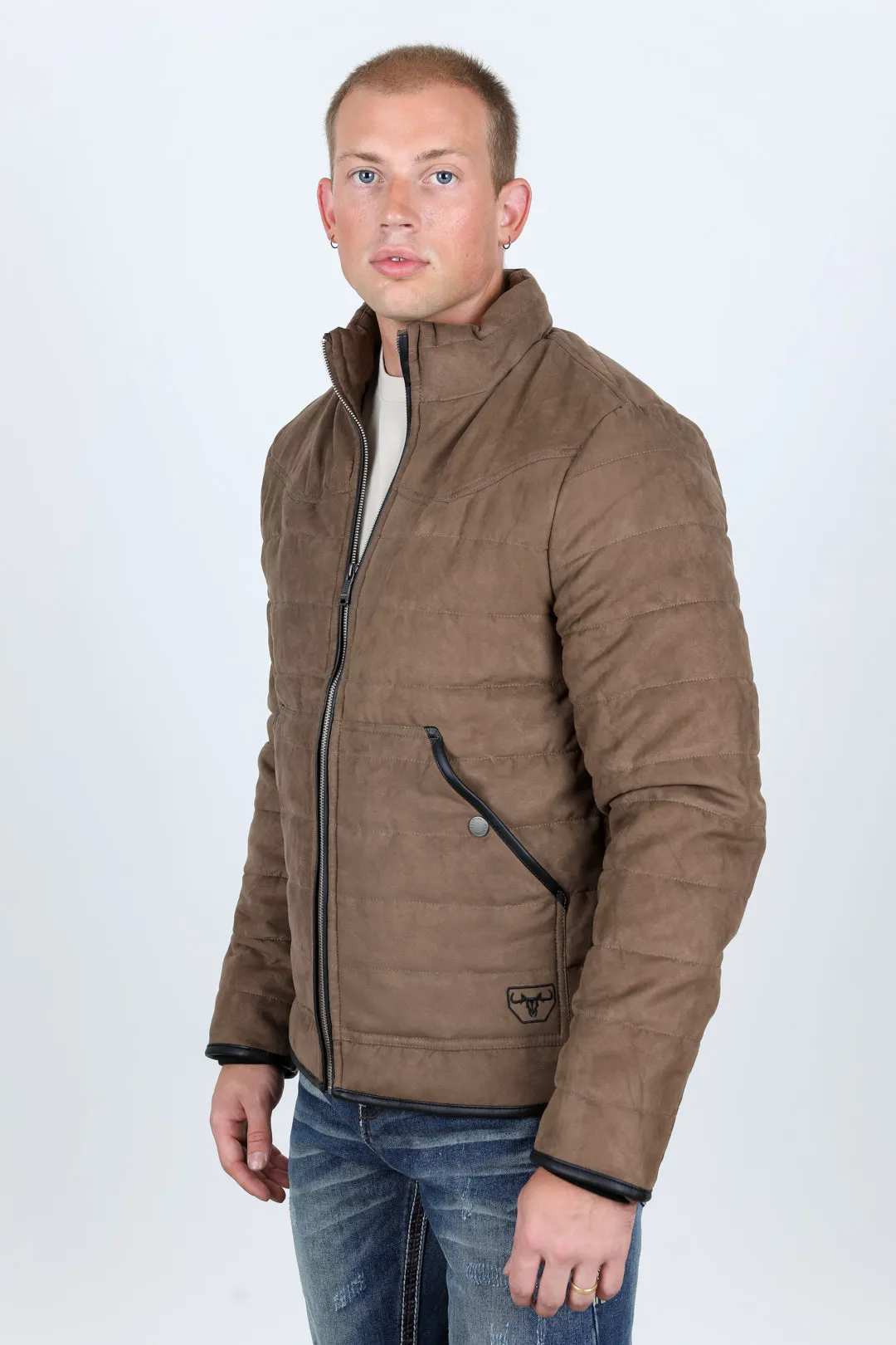 Mens Fur Lined Quilted Faux Suede Jacket - Brown