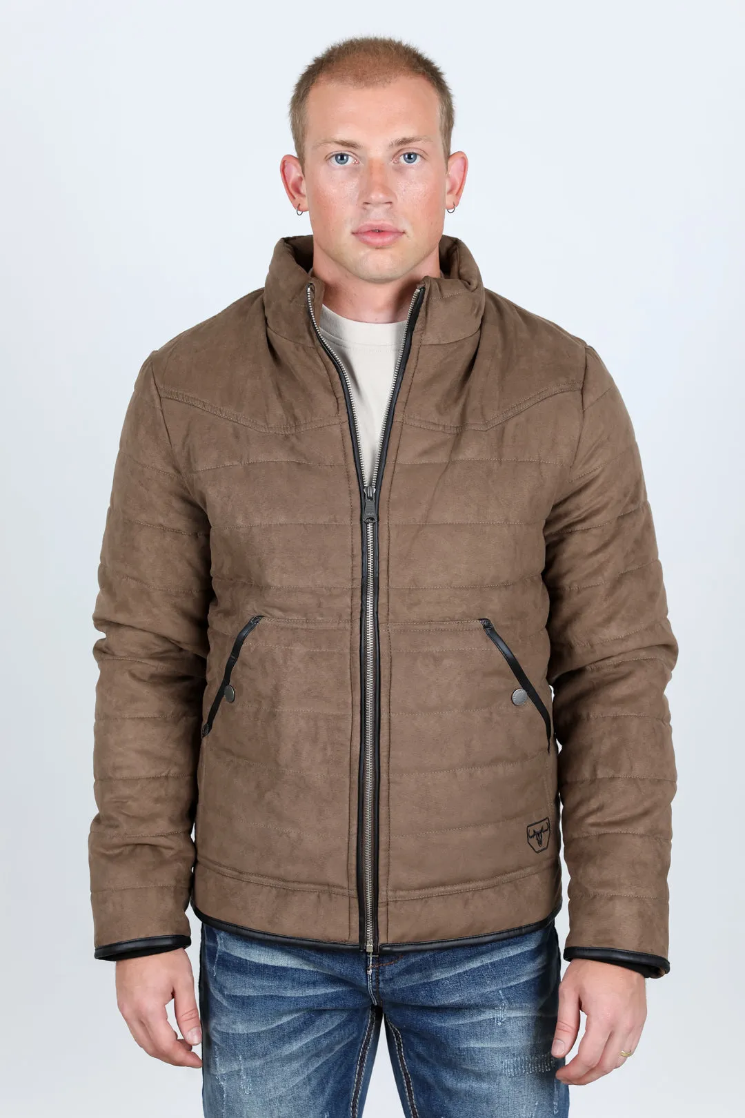 Mens Fur Lined Quilted Faux Suede Jacket - Brown