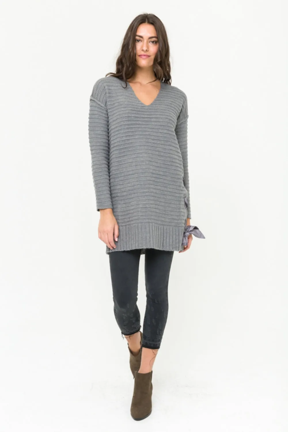 Mystree V-Neck Side Tie Tunic Sweater