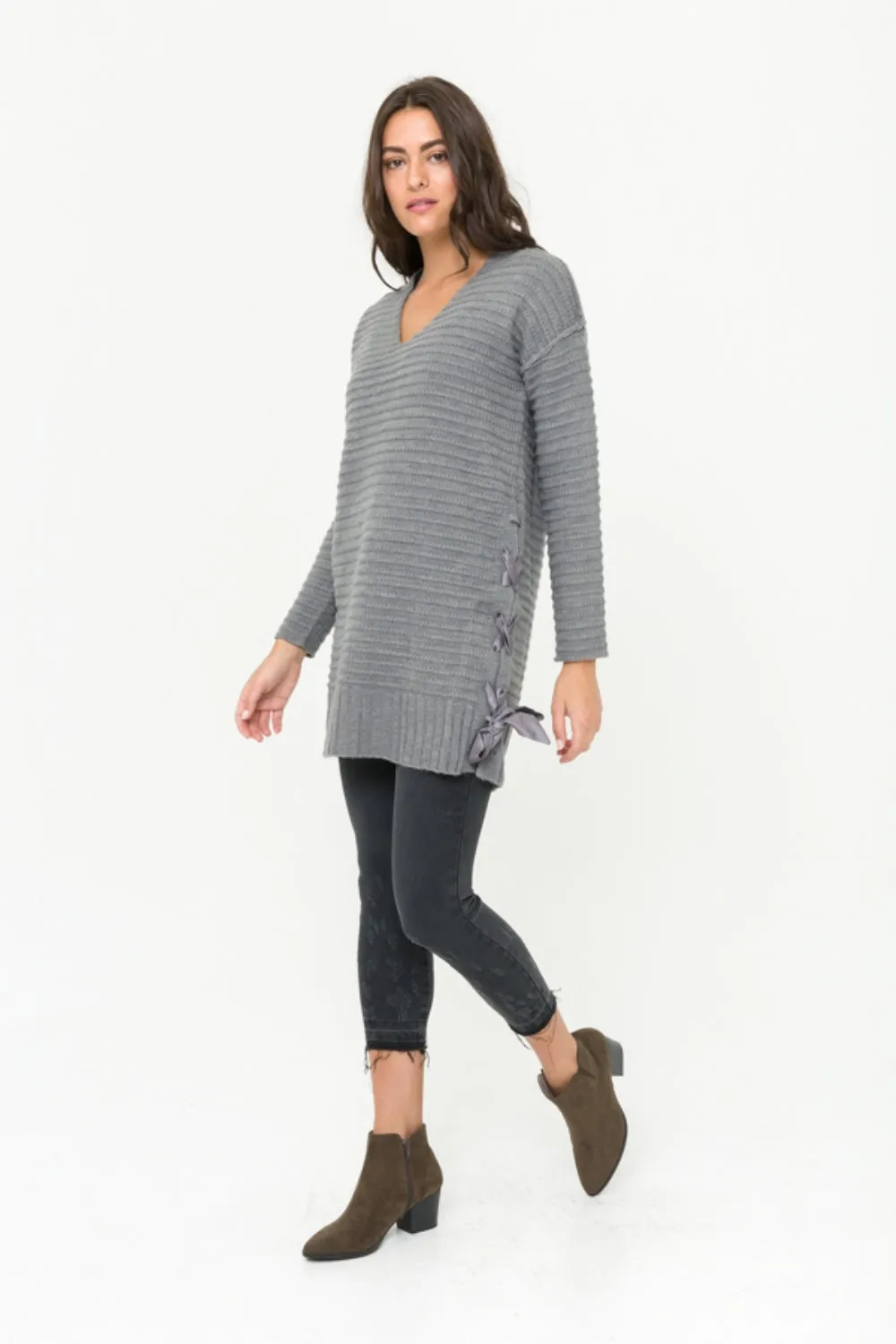 Mystree V-Neck Side Tie Tunic Sweater