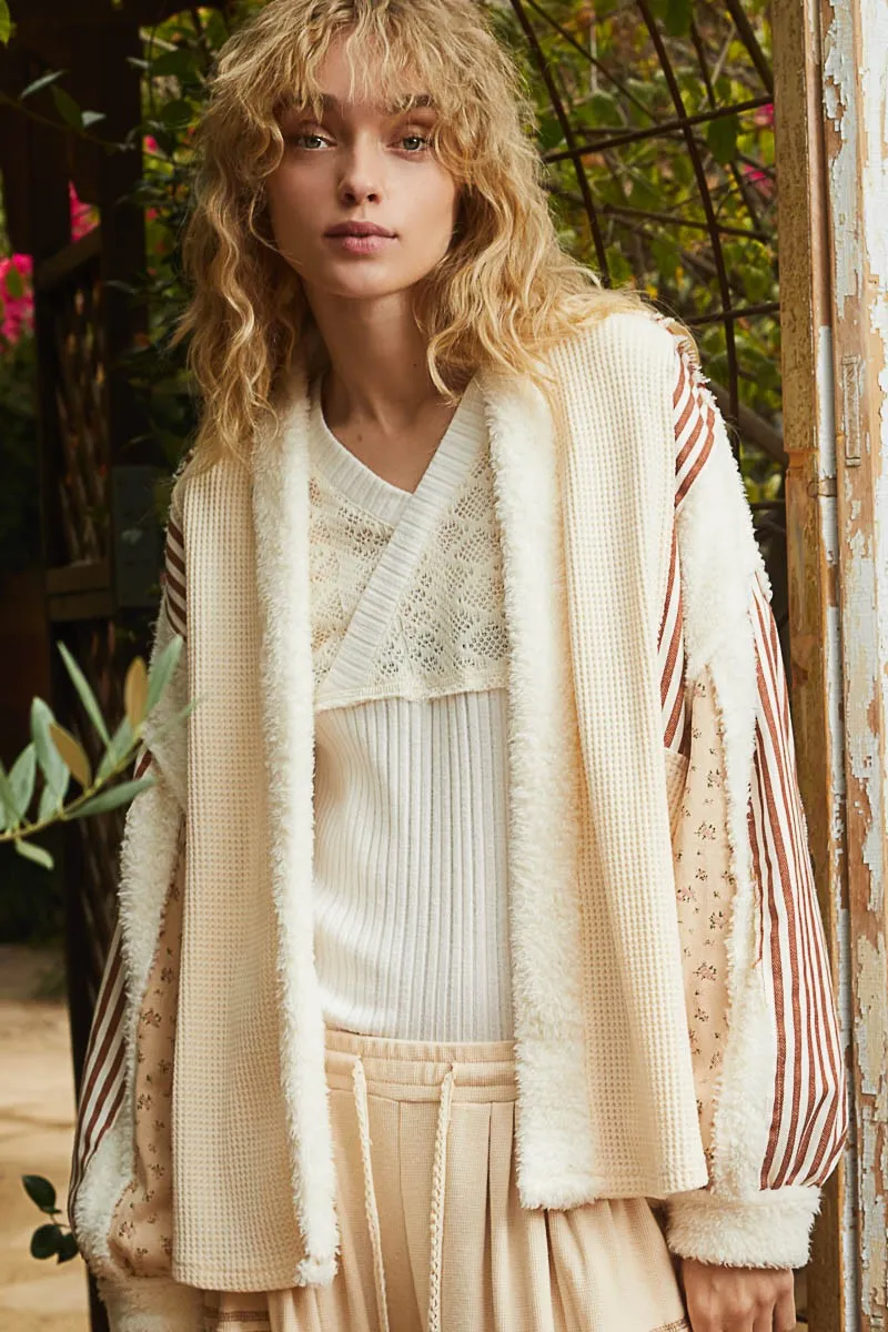 Open Front Waffle Knit Fleece Mix Cardigan