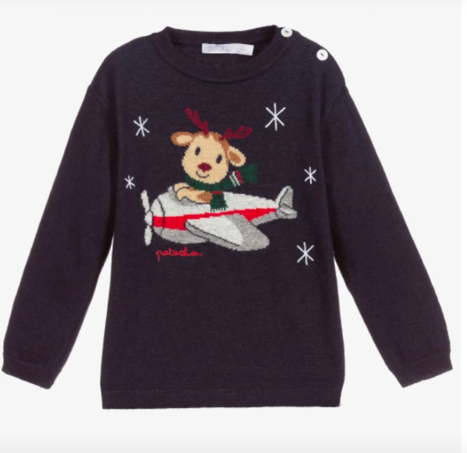 Patachou Baby to Youth Boys Blue Knit Reindeer & Plane Sweater