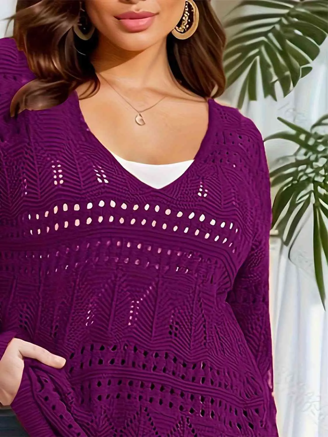 Plus Size Openwork Plunge Long Sleeve Sweater