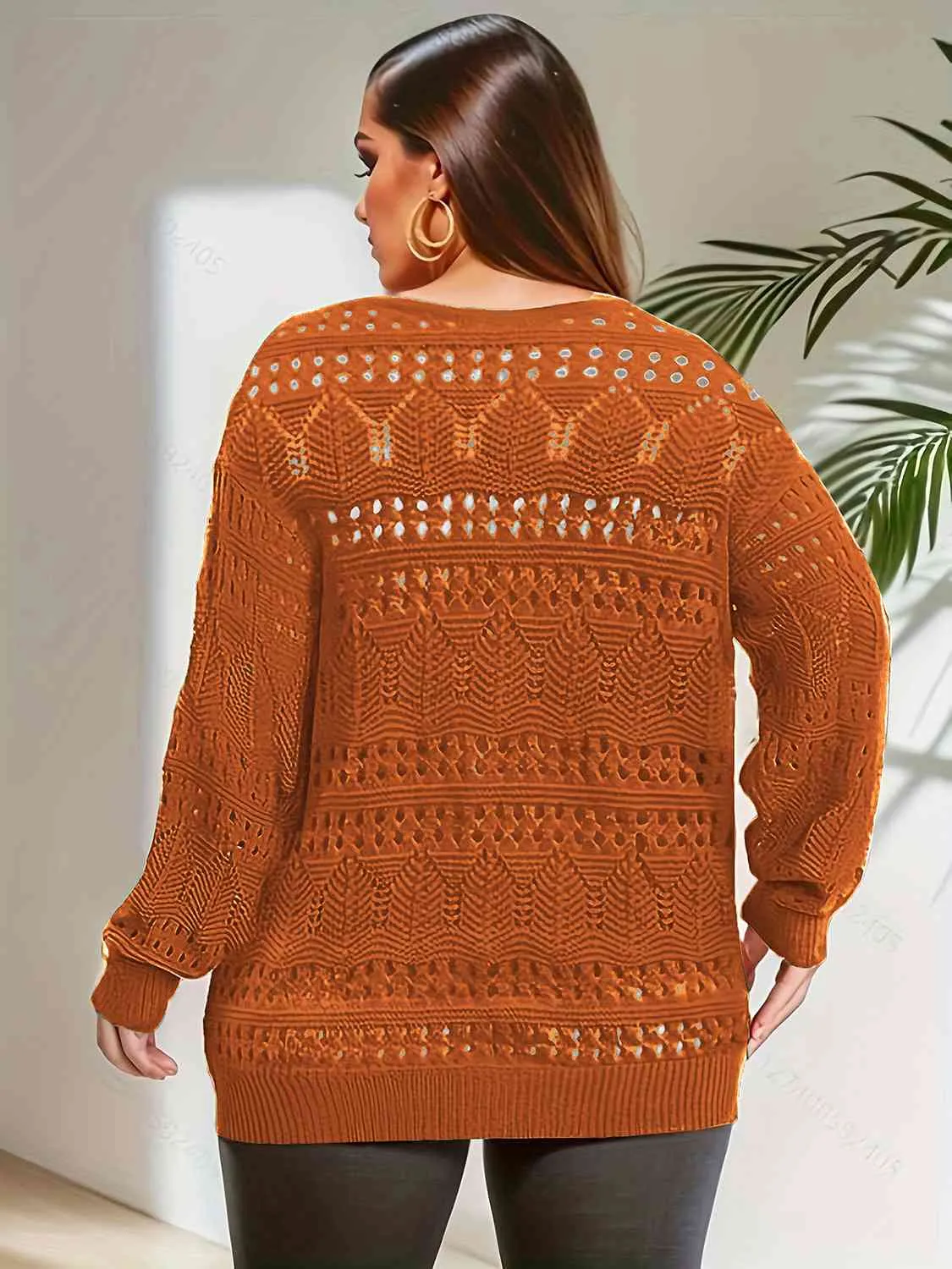 Plus Size Openwork Plunge Long Sleeve Sweater