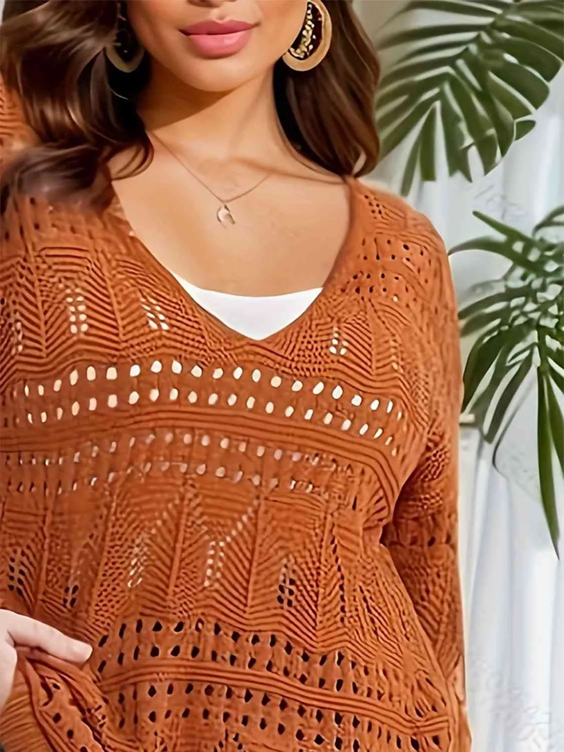 Plus Size Openwork Plunge Long Sleeve Sweater