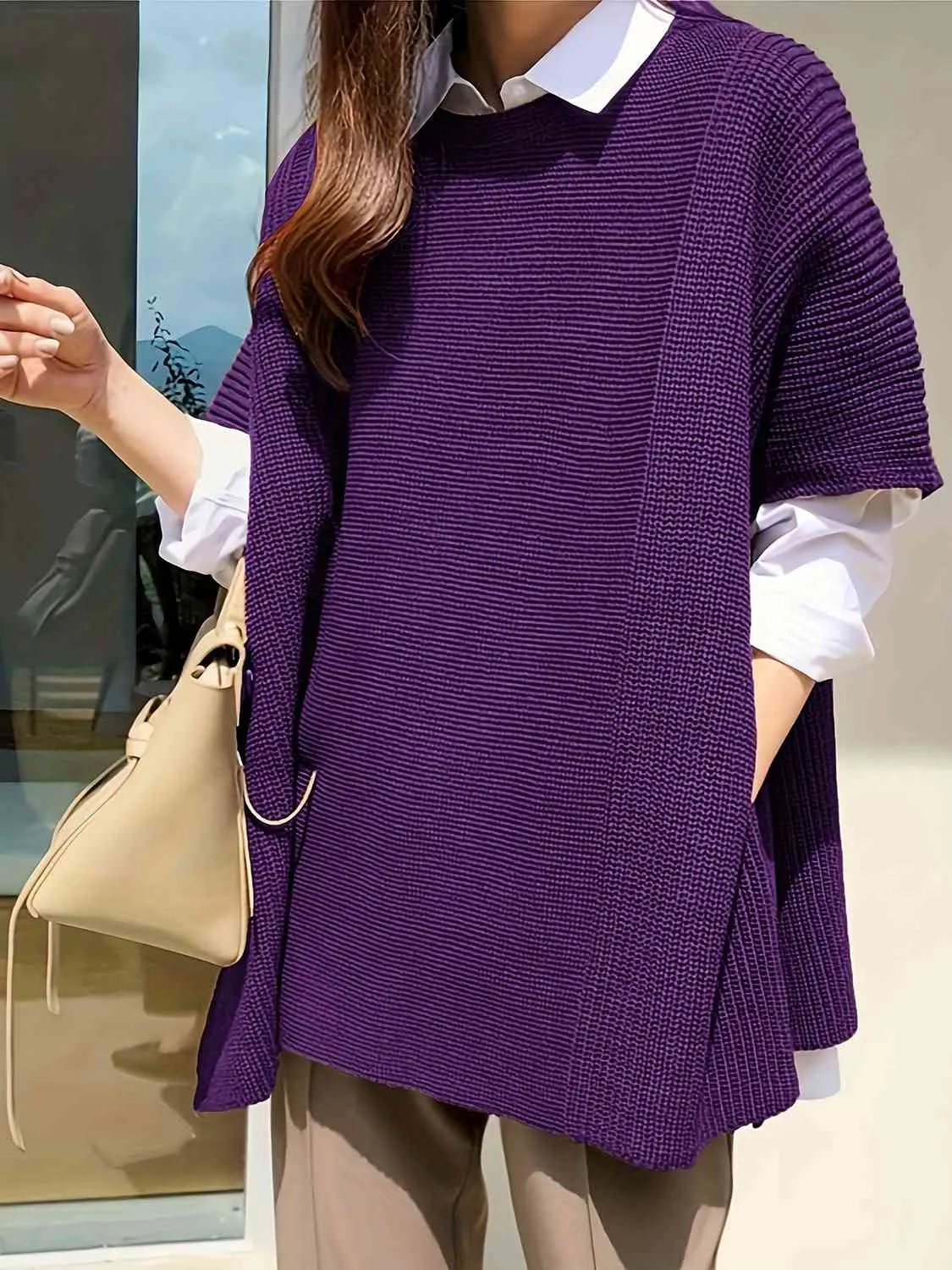 Plus Size Round Neck Slit Short Sleeve Sweater