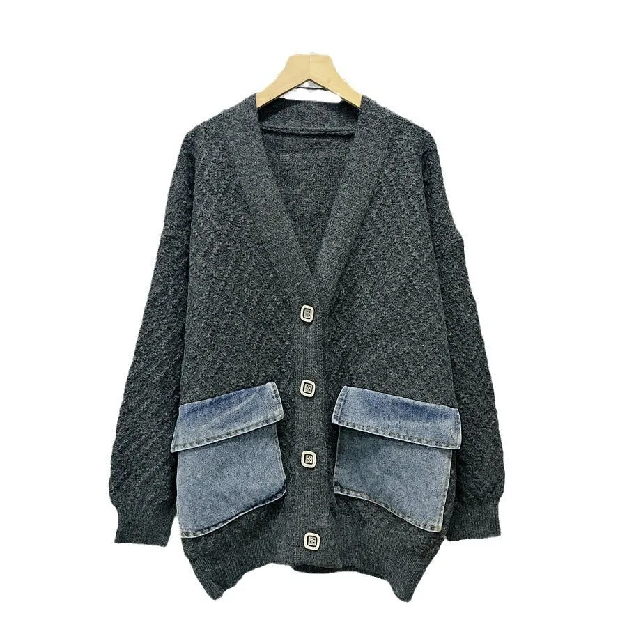 Pre Order:  Denim Flap Pocket Spliced Sweater