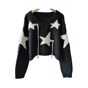 Pre Order:  Stars Pattern V-Neck Knitted Sweater