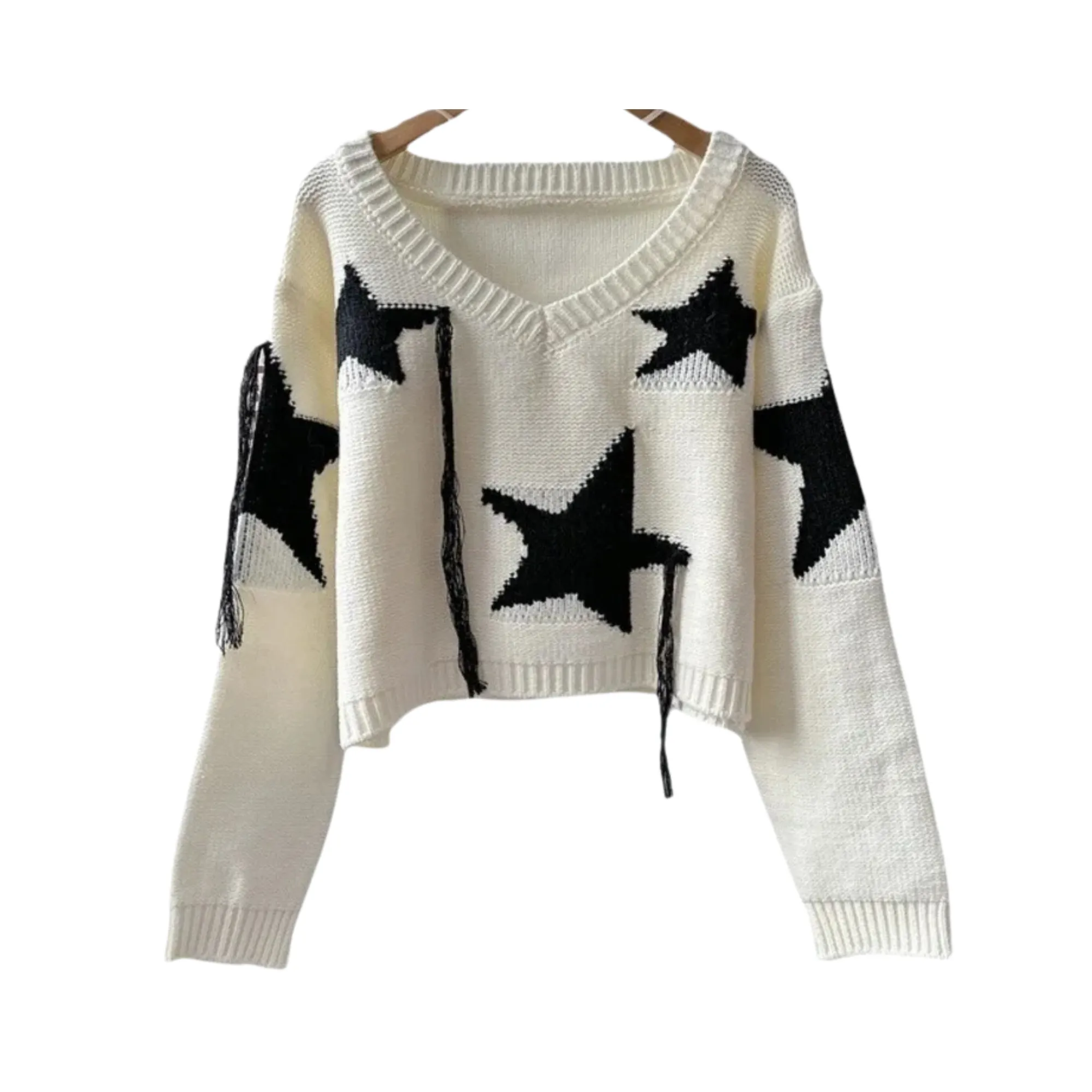 Pre Order:  Stars Pattern V-Neck Knitted Sweater