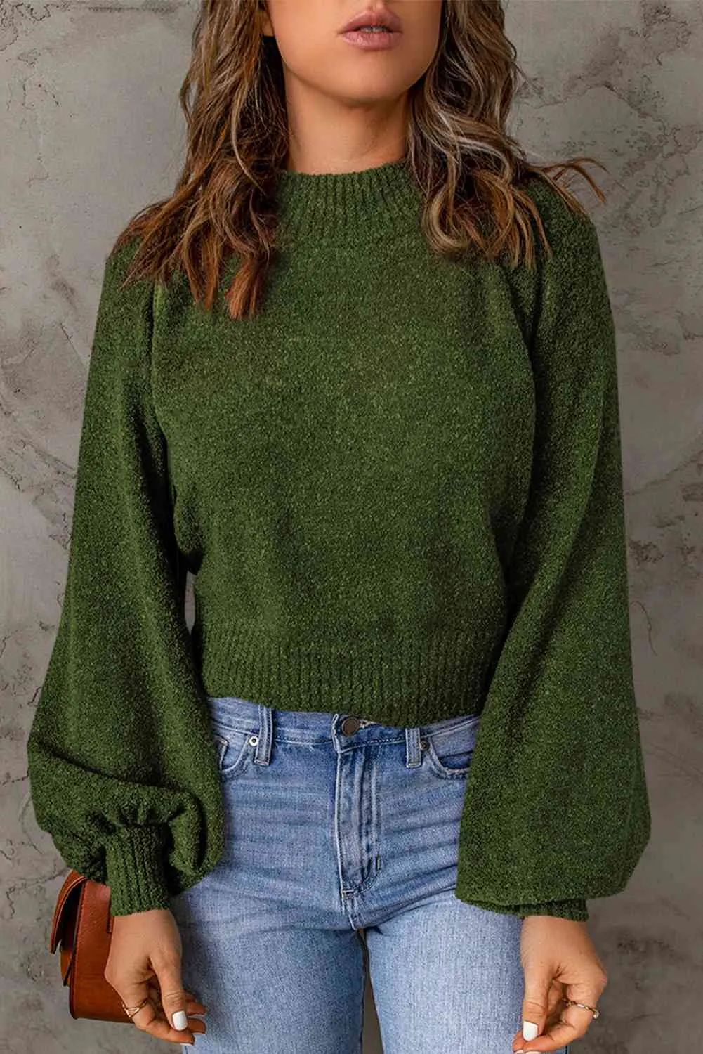 Ribbed Trim Balloon Sleeve Sweater