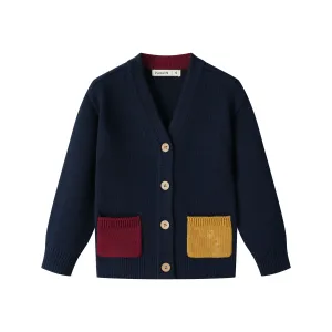 V NECK CARDIGAN WITH CONTRAST POCKETS-NAVY COMBO