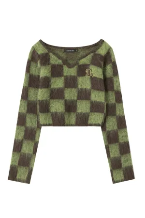 V Neck Mohair Checkerboard Sweater