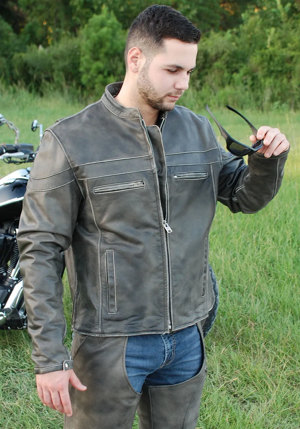 Vintage Brown Leather Vented Motorcycle Jacket - Scooter Style #MA4170ZDN ()