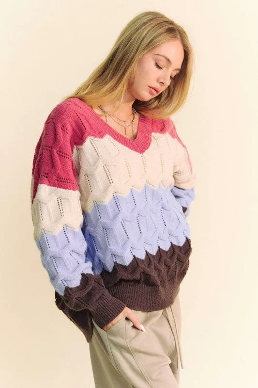 Wavy Texture Color Block V-Neck Sweater