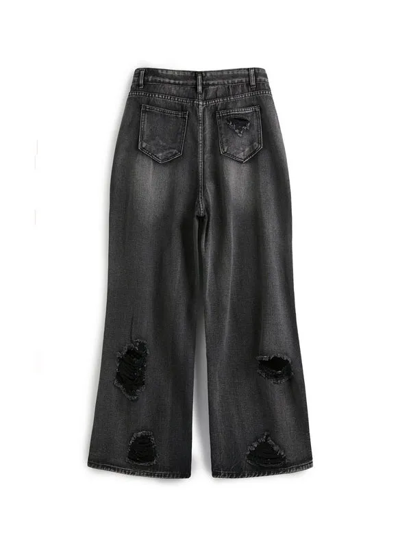 Wenkouban Black ripped boyfriend jeans with washed effect